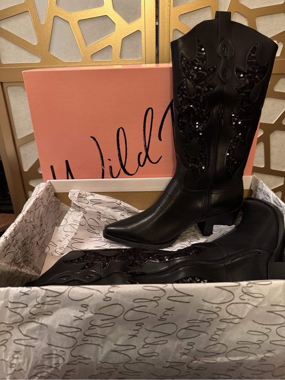 WILD PAIR Black Sequin Western Heeled Boots